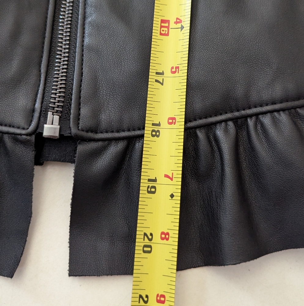 Zara Faux Leather Jacket Ruffle Detail Size Small Cropped Zip Up Grunge Stylish - Picture 9 of 10